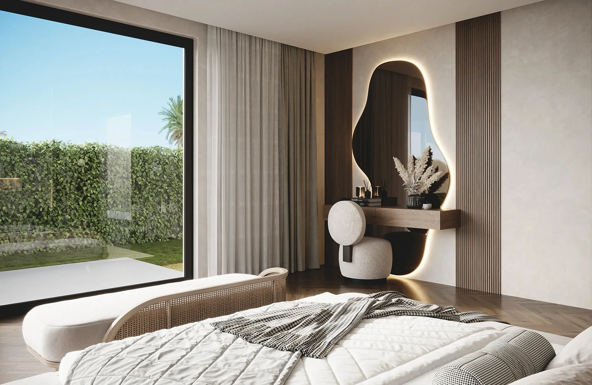 Interior design bedroom with modern minimalist aesthetic